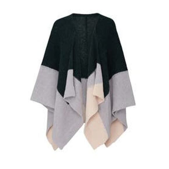 ELK Kulture Wrap Blockknit Poncho Green Light Blue Colorblock Wool Alpaca Blend - Picture 2 of 12